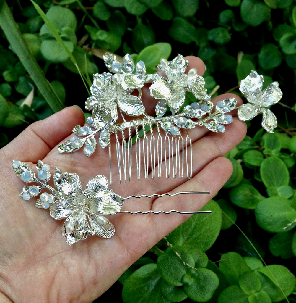 Wedding Hair Accessories - Swarovski Opal Bridal Hair Comb and Pin Set