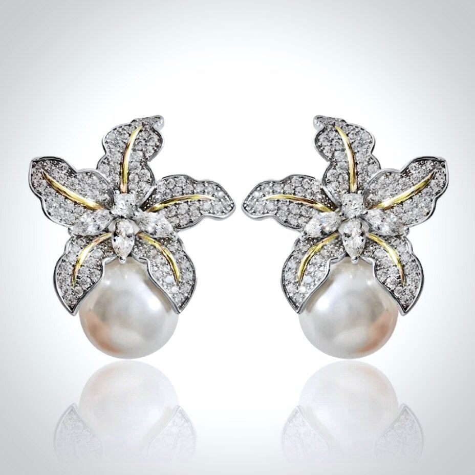 Wedding Jewelry - Orchid Two-Tone Pearl and Cubic Zirconia Bridal Earrings