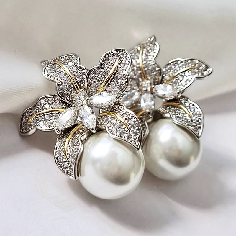 Wedding Jewelry - Orchid Two-Tone Pearl and Cubic Zirconia Bridal Earrings