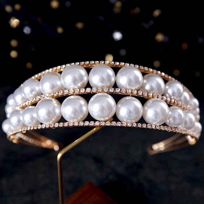 Wedding Hair Accessories - Oversized Double Pearl Bridal Headband / Tiara - Available in Silver and Gold