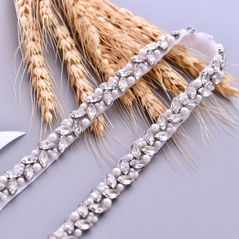 Wedding Accessories - Silver Pearl and Crystal Bridal Belt/Sash