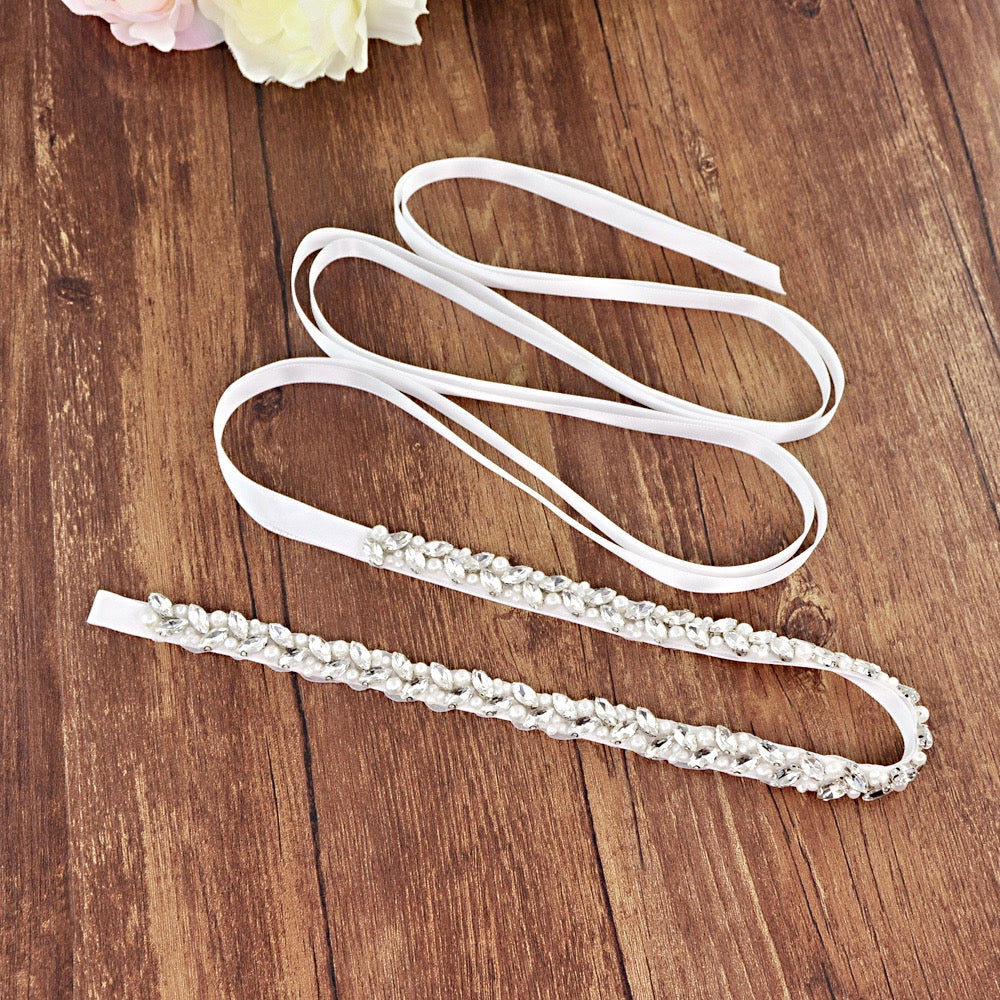 Wedding Accessories - Silver Pearl and Crystal Bridal Belt/Sash