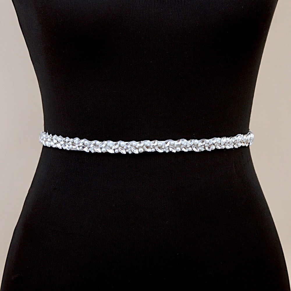 Wedding Accessories - Silver Pearl and Crystal Bridal Belt/Sash