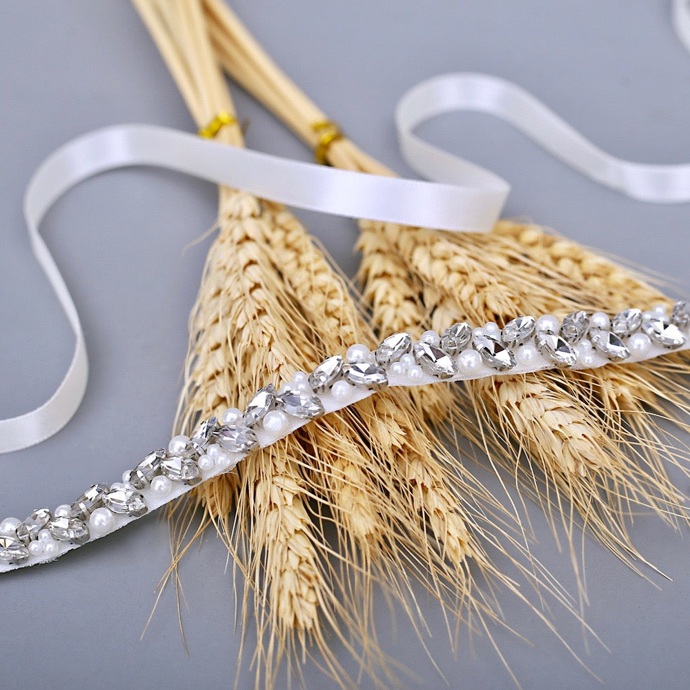 Wedding Accessories - Silver Pearl and Crystal Bridal Belt/Sash