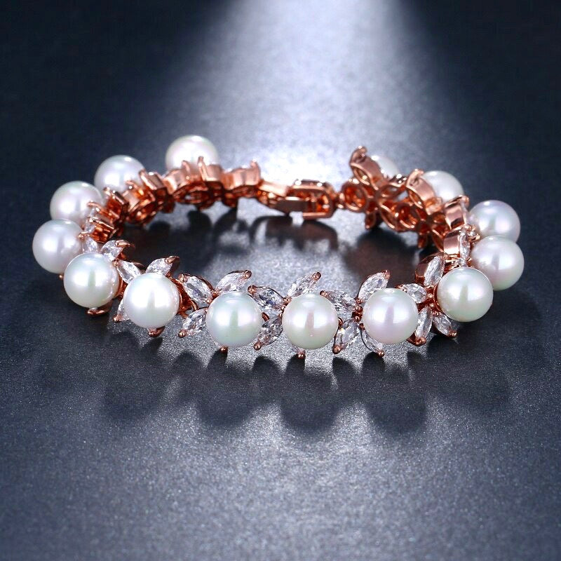 Wedding Jewelry - Pearl and Cubic Zirconia Bridal Bracelet - Available in Silver, Rose Gold and Yellow Gold