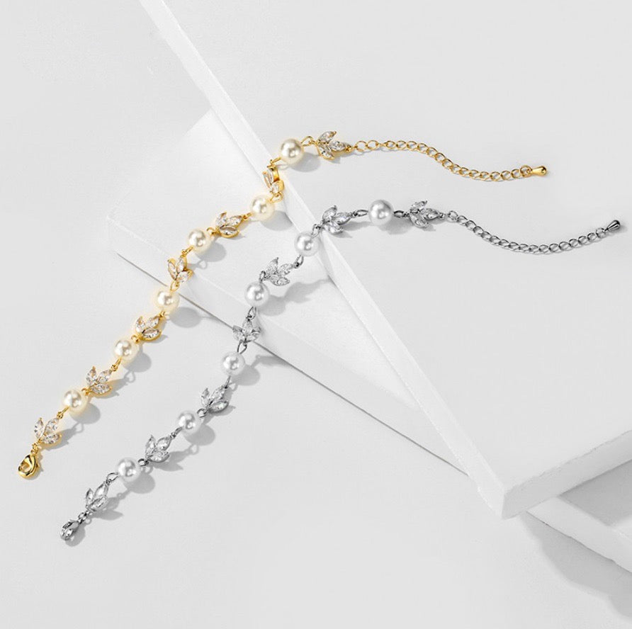 Pearl Wedding Jewelry - Pearl and Cubic Zirconia Bridal Bracelet - Available in Silver, Rose Gold and Yellow Gold