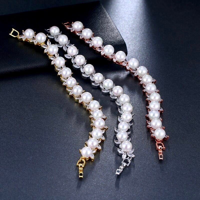 Wedding Jewelry - Pearl and Cubic Zirconia Bridal Bracelet - Available in Silver, Rose Gold and Yellow Gold