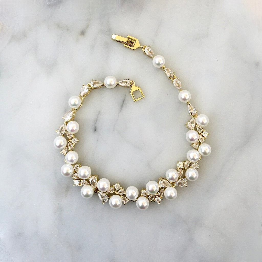 Pearl Wedding Jewelry - Pearl and Cubic Zirconia Bridal Bracelet - Available in Gold and Silver