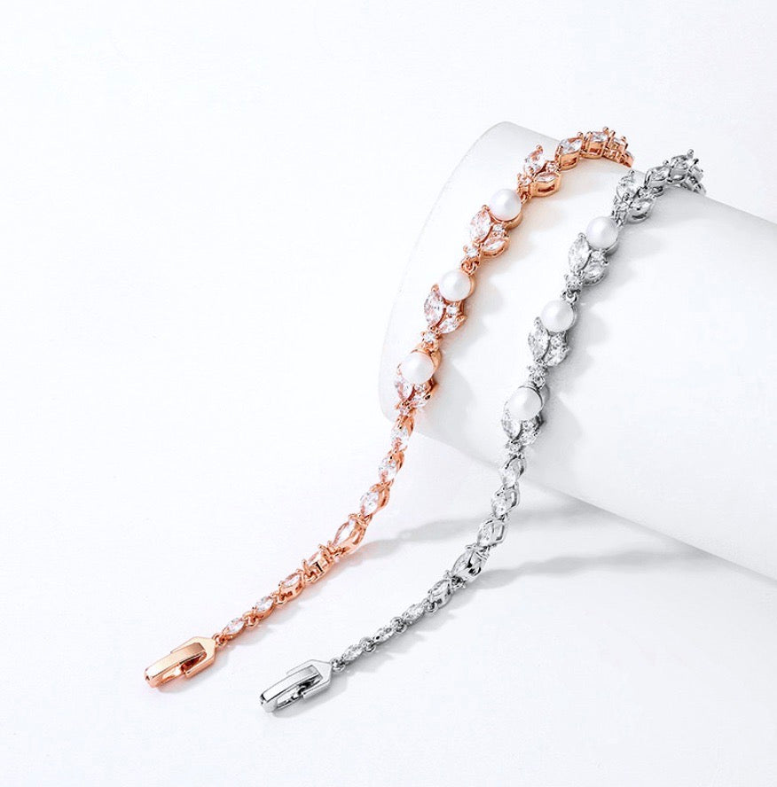 Pearl Wedding Jewelry - Pearl and Cubic Zirconia Bridal Bracelet - Available in Silver, Rose Gold and Yellow Gold