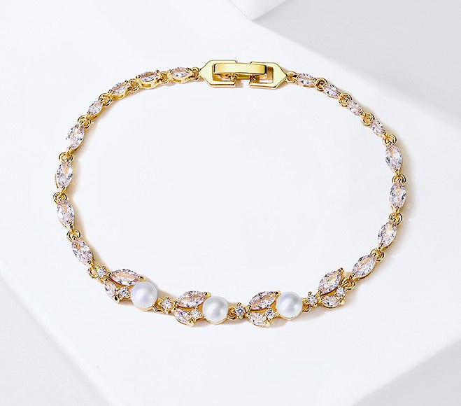 Pearl Wedding Jewelry - Pearl and Cubic Zirconia Bridal Bracelet - Available in Silver, Rose Gold and Yellow Gold