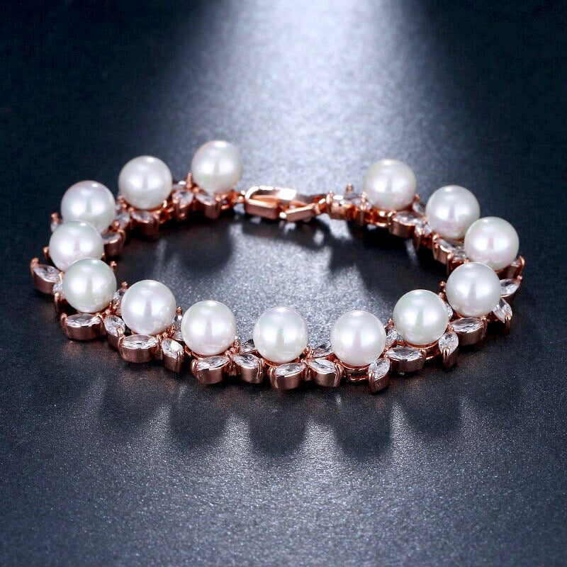 Wedding Jewelry - Pearl and Cubic Zirconia Bridal Bracelet - Available in Silver, Rose Gold and Yellow Gold