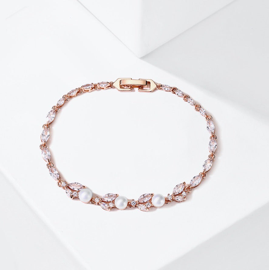 Pearl Wedding Jewelry - Pearl and Cubic Zirconia Bridal Bracelet - Available in Silver, Rose Gold and Yellow Gold