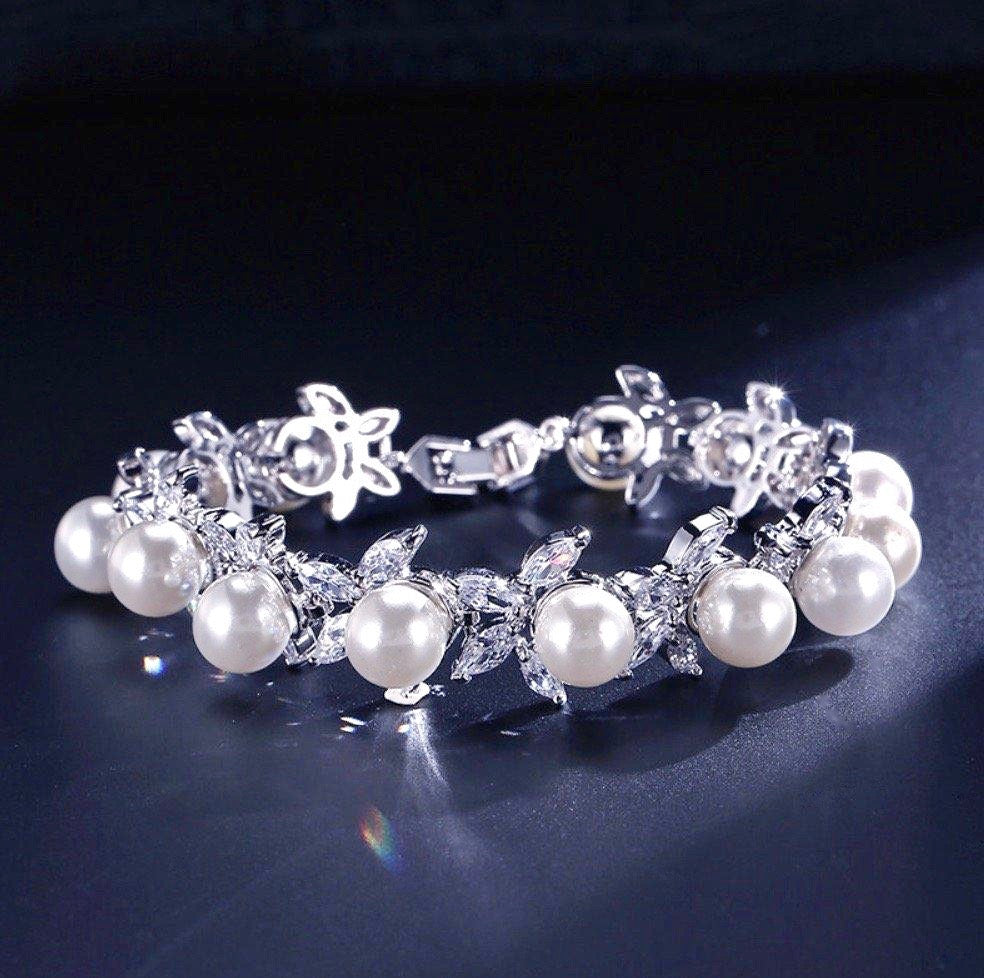 Wedding Jewelry - Pearl and Cubic Zirconia Bridal Bracelet - Available in Silver, Rose Gold and Yellow Gold