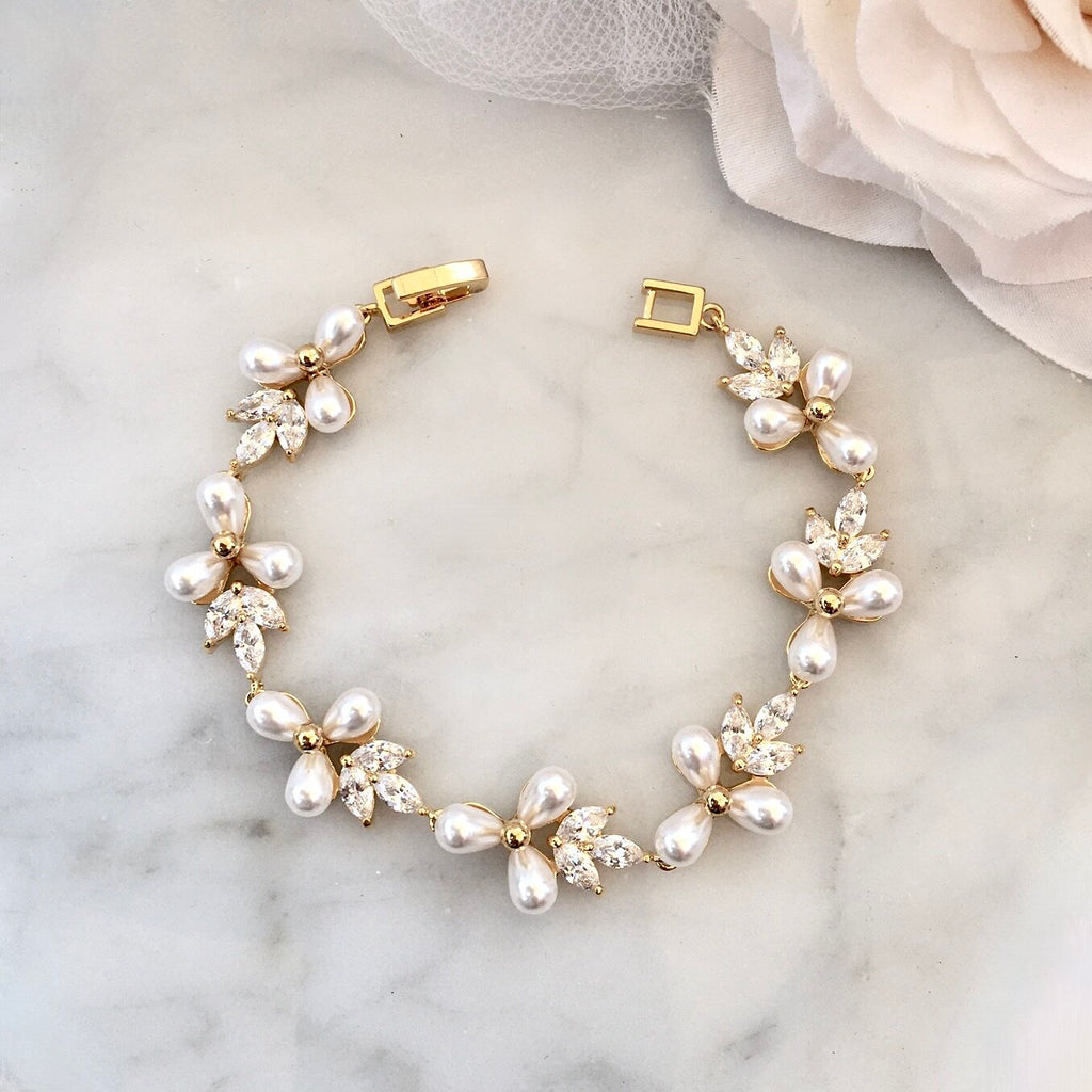 Wedding Jewelry - Pearl and Cubic Zirconia Bridal Bracelet - Available in Silver and Gold