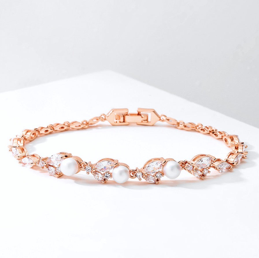 Pearl Wedding Jewelry - Pearl and Cubic Zirconia Bridal Bracelet - Available in Silver, Rose Gold and Yellow Gold