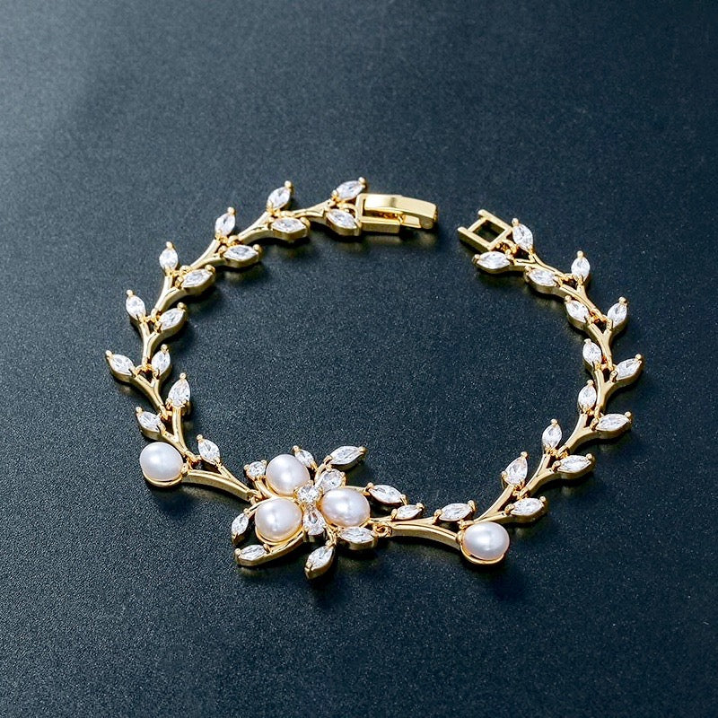 Wedding Jewelry - Freshwater Pearl and Cubic Zirconia Bridal Bracelet - Available in Silver, Rose Gold and Yellow Gold