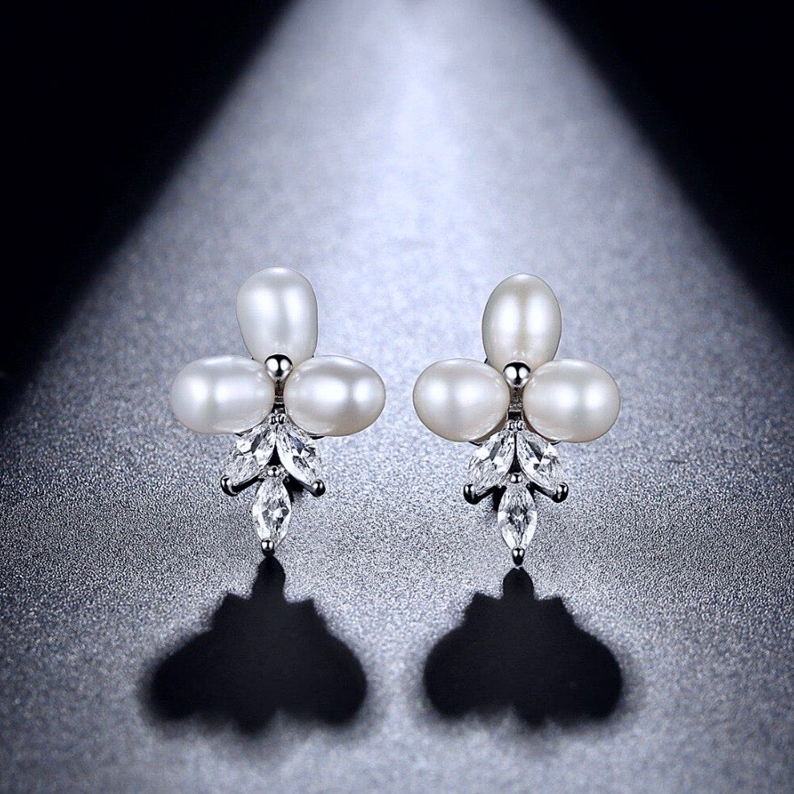 Pearl Wedding Jewelry - Freshwater Pearl and Cubic Zirconia Bridal Earrings