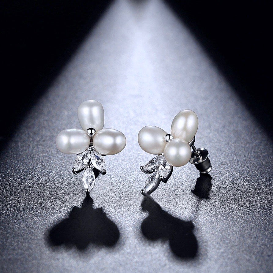 Pearl Wedding Jewelry - Freshwater Pearl and Cubic Zirconia Bridal Earrings