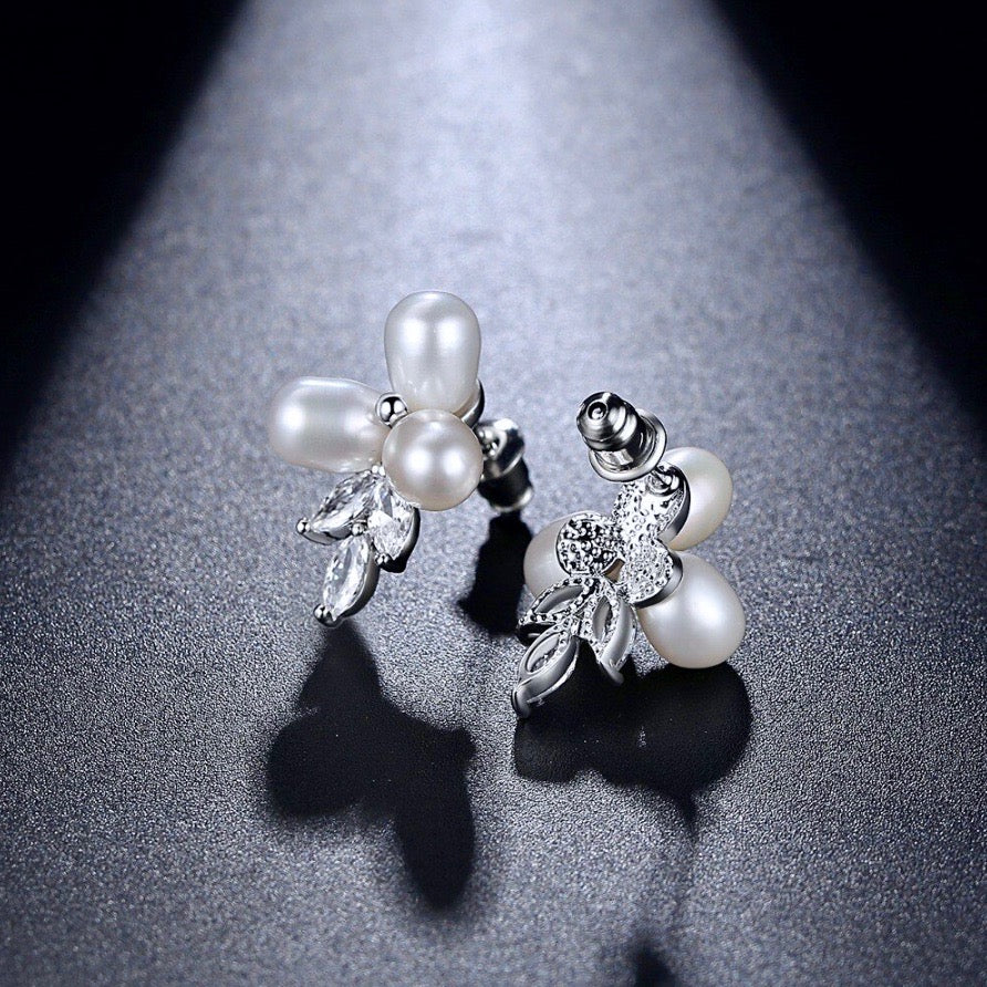 Pearl Wedding Jewelry - Freshwater Pearl and Cubic Zirconia Bridal Earrings