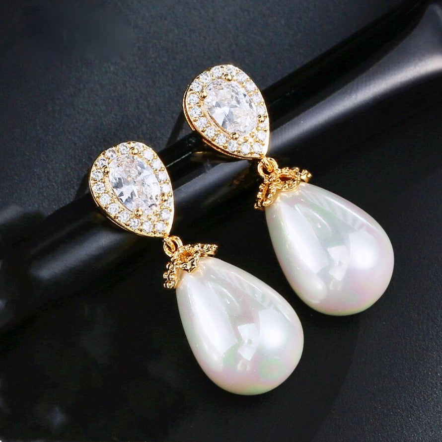 Pearl Wedding Jewelry - Pearl and Cubic Zirconia Bridal Earrings - Available in Rose Gold, Silver and Yellow Gold