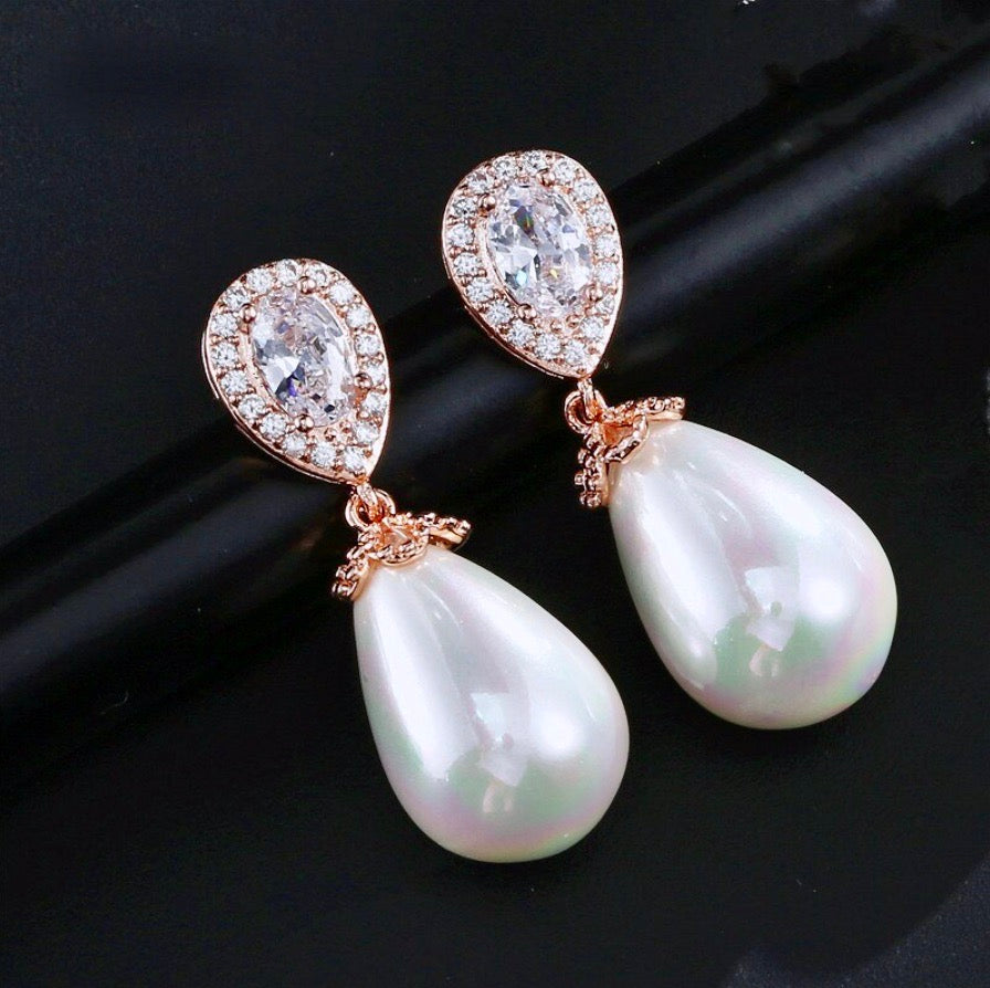 Pearl Wedding Jewelry - Pearl and Cubic Zirconia Bridal Earrings - Available in Rose Gold, Silver and Yellow Gold