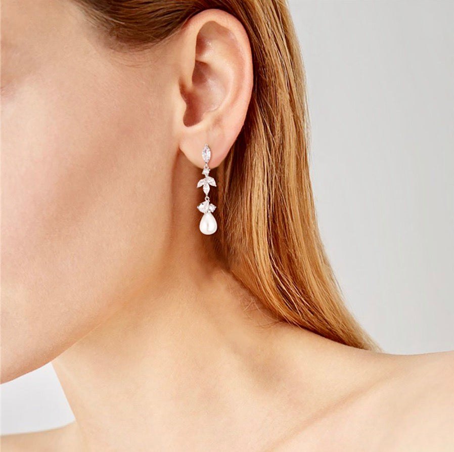 Wedding Jewelry - Pearl and Cubic Zirconia Bridal Earrings - Available in Rose Gold and Silver