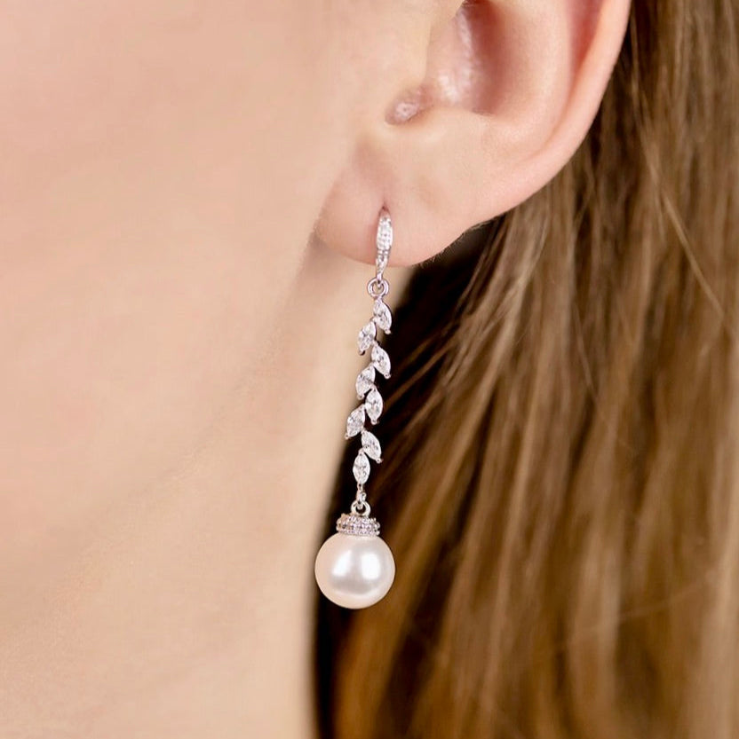 Wedding Jewelry - Pearl and Cubic Zirconia Bridal Earrings - Available in Silver and Rose Gold