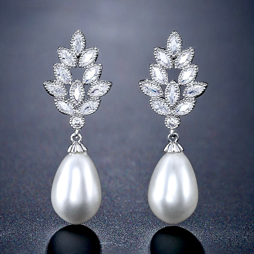 Pearl Wedding Jewelry - Pearl and Cubic Zirconia Bridal Earrings - Available in Gold, Silver and Rose Gold
