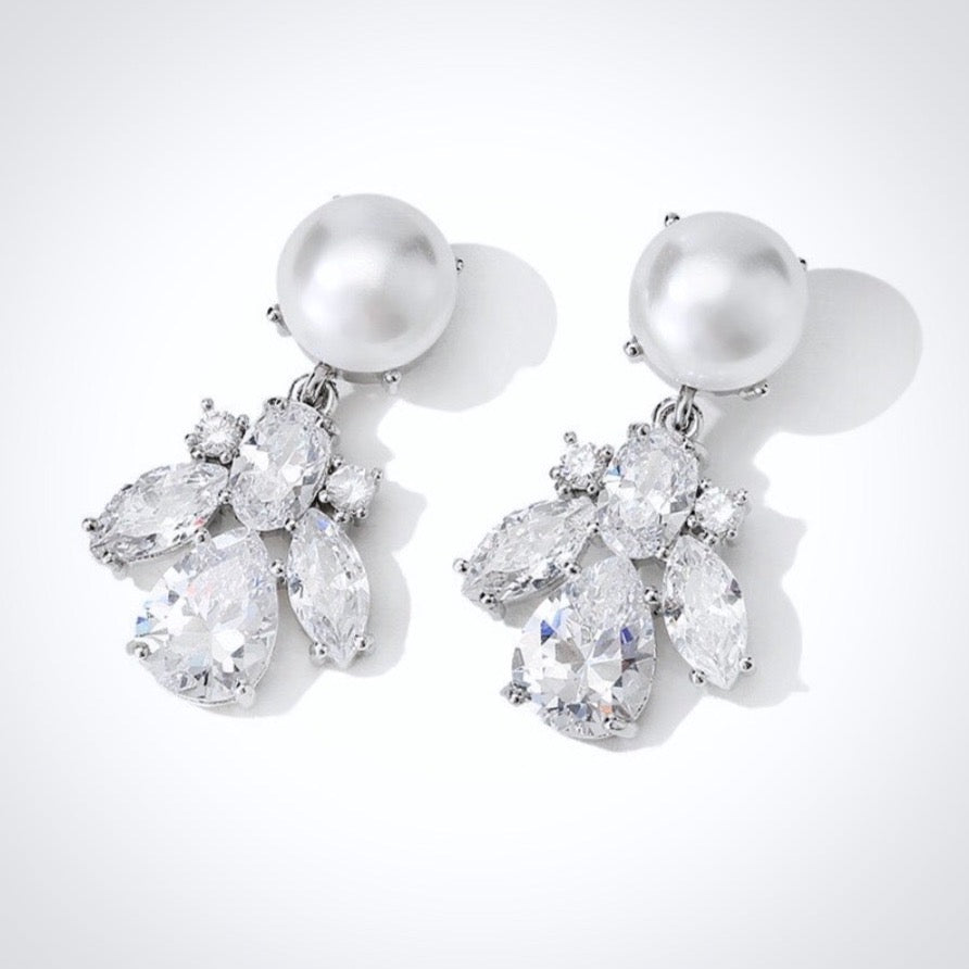 Wedding Jewelry - Pearl and Cubic Zirconia Bridal Earrings