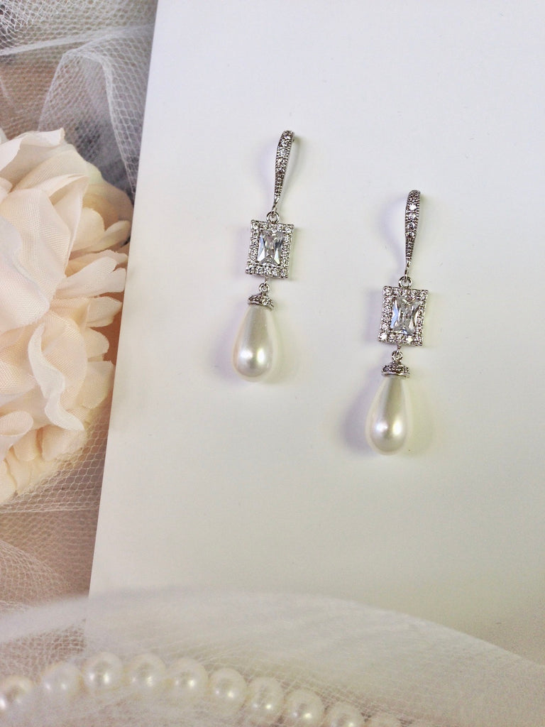 Pearl Wedding Jewelry - Pearl and CZ Bridal Earrings - Available in Silver and Yellow Gold