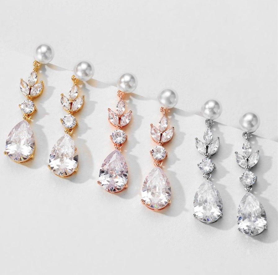 Wedding Jewelry - Pearl and Cubic Zirconia Bridal Earrings - Available in Silver, Rose Gold and Yellow Gold