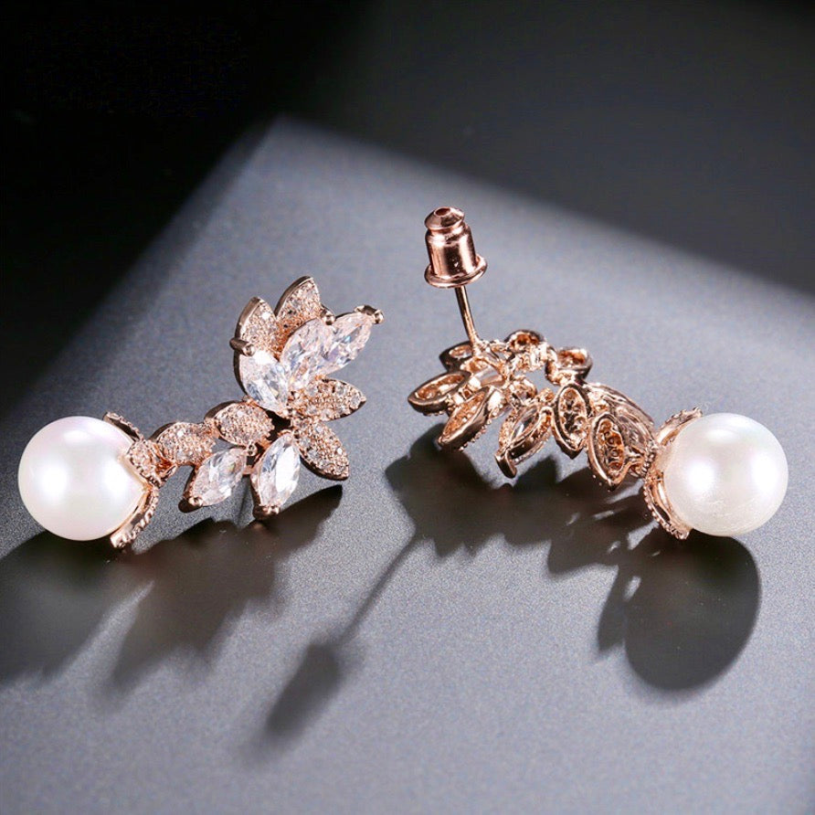 Wedding Jewelry - Pearl and Cubic Zirconia Bridal Earrings - Available in Silver, Rose Gold and Yellow Gold