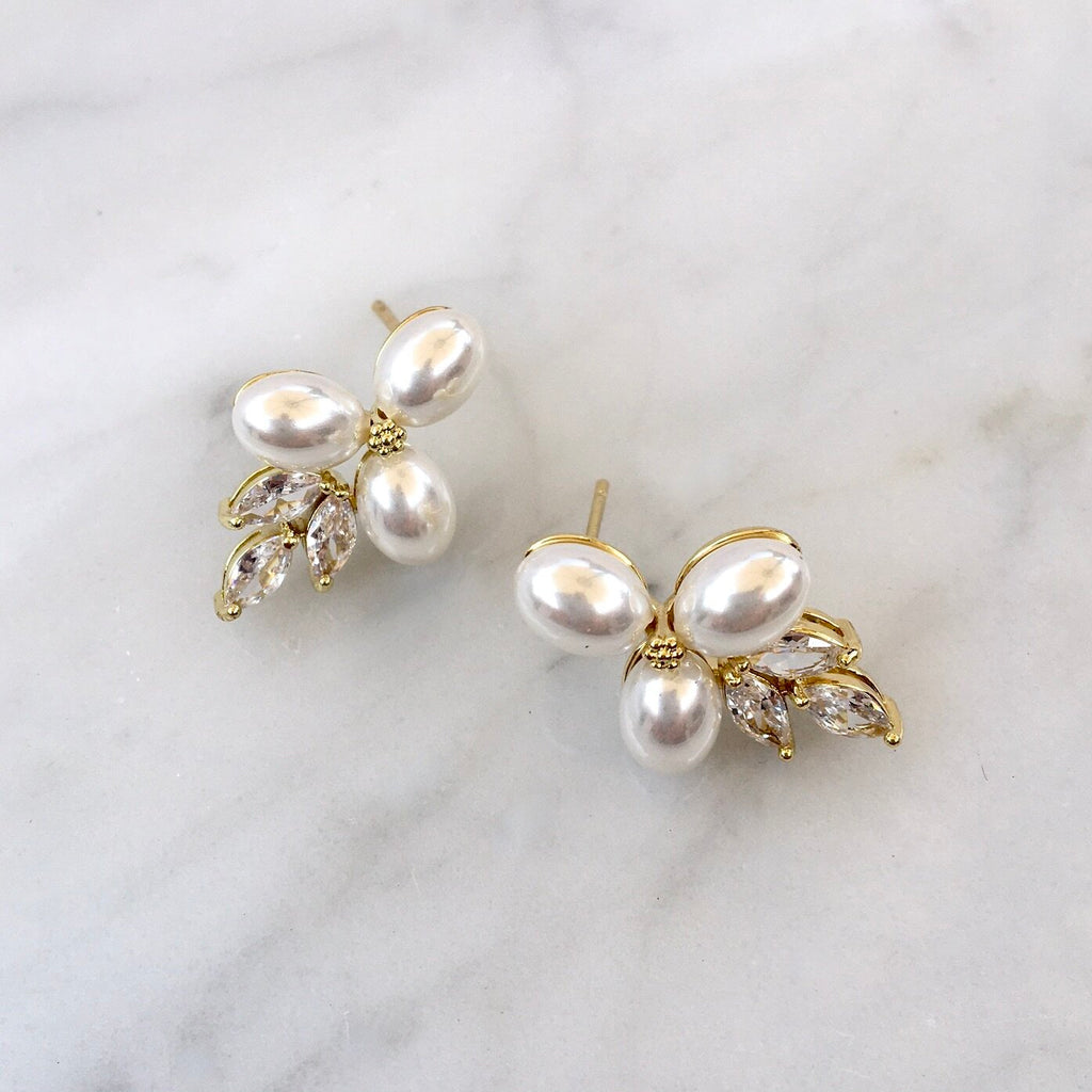 Wedding Jewelry - Pearl and Cubic Zirconia Bridal Earrings - Available in Silver, Rose Gold and Yellow Gold