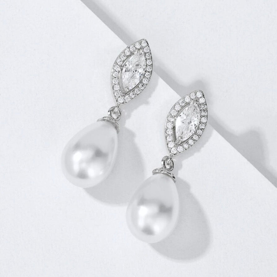 Wedding Jewelry - Pearl and Cubic Zirconia Bridal Earrings - Available in Rose Gold, Silver and Yellow Gold