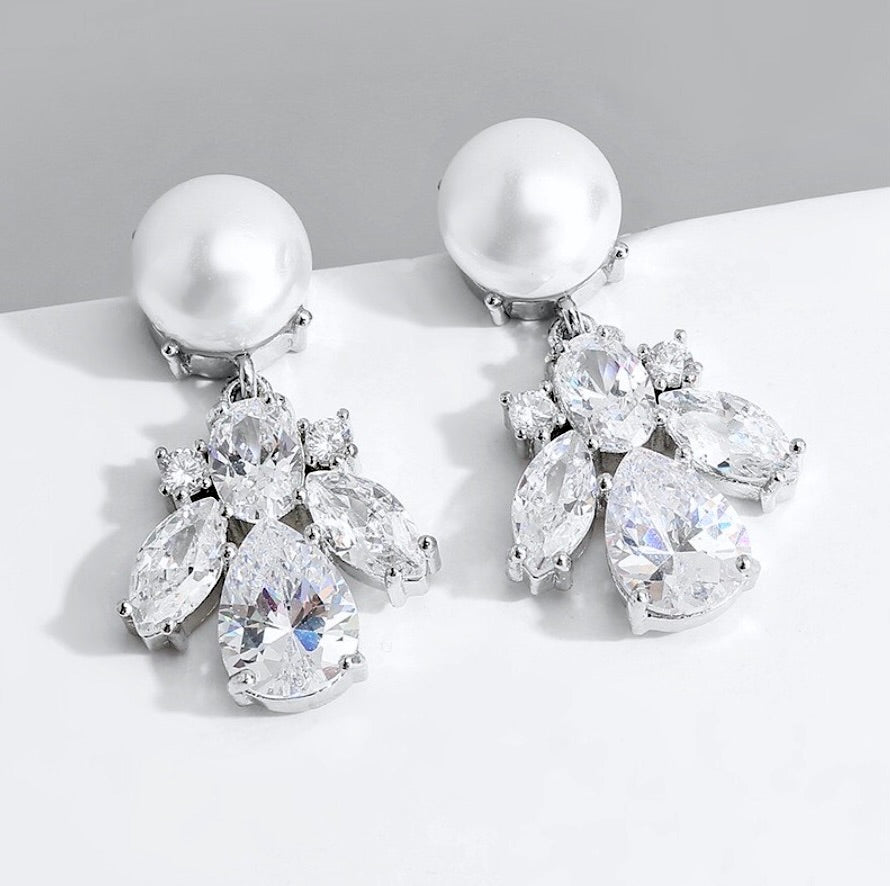 Wedding Jewelry - Pearl and Cubic Zirconia Bridal Earrings