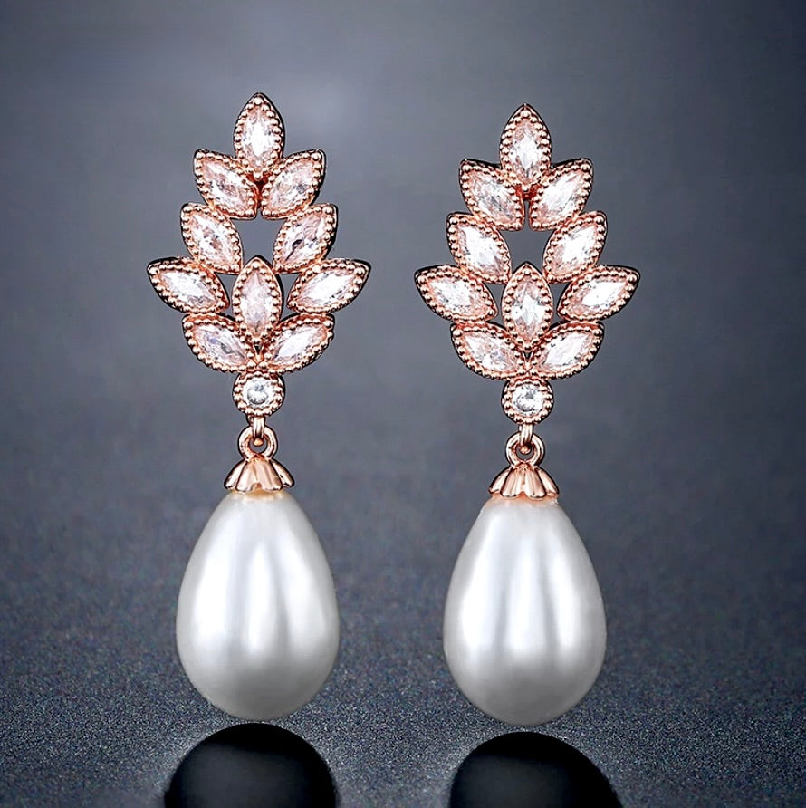 Pearl Wedding Jewelry - Pearl and Cubic Zirconia Bridal Earrings - Available in Gold, Silver and Rose Gold