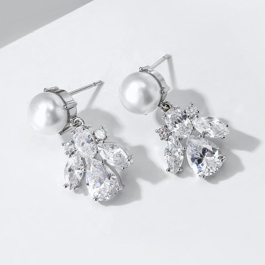 Wedding Jewelry - Pearl and Cubic Zirconia Bridal Earrings
