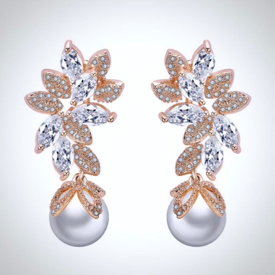 Wedding Jewelry - Pearl and Cubic Zirconia Bridal Earrings - Available in Silver, Rose Gold and Yellow Gold