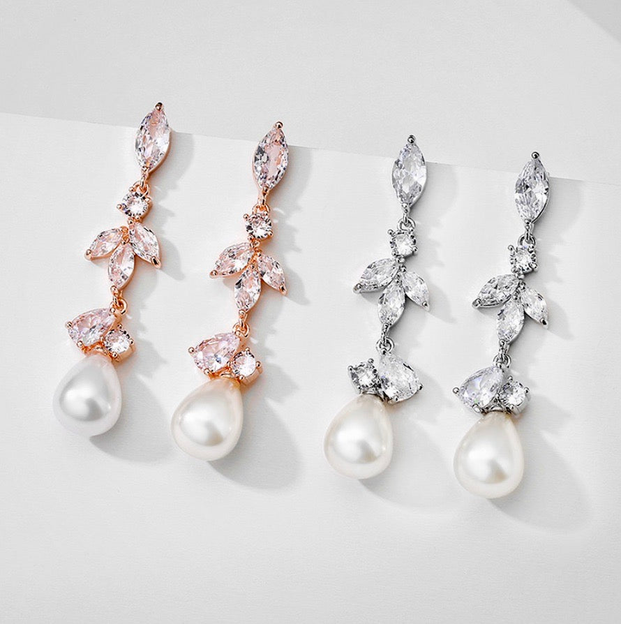 Wedding Jewelry - Pearl and Cubic Zirconia Bridal Earrings - Available in Rose Gold and Silver