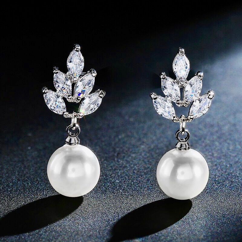 Wedding Jewelry - Pearl and Cubic Zirconia Bridal Earrings