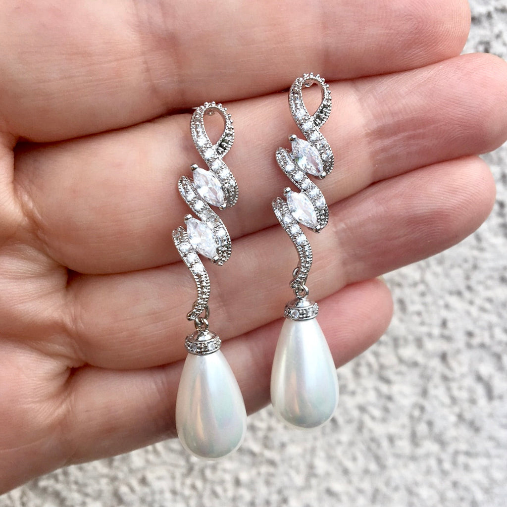 Pearl Wedding Jewelry - Pearl and Cubic Zirconia Bridal Earrings