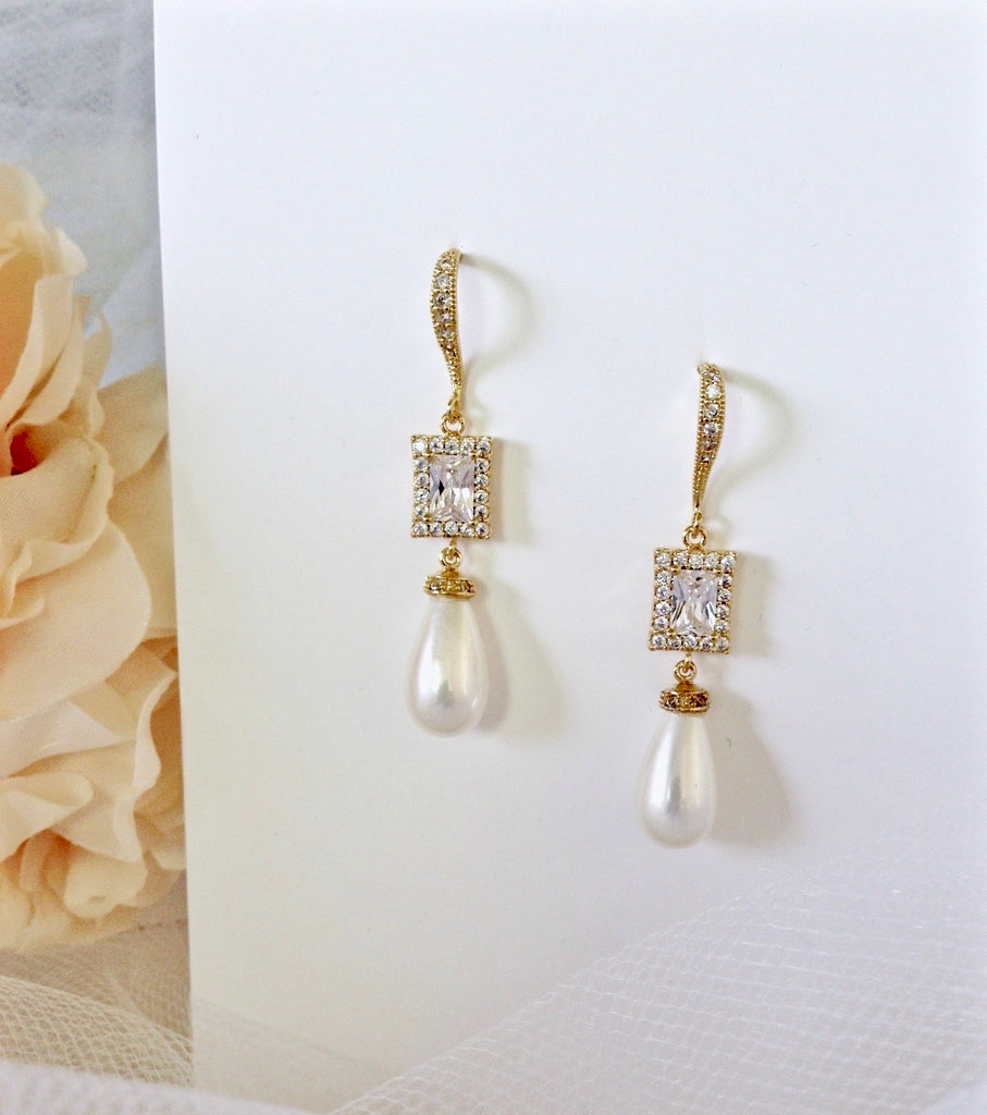 Pearl Wedding Jewelry - Pearl and CZ Bridal Earrings - Available in Silver and Yellow Gold