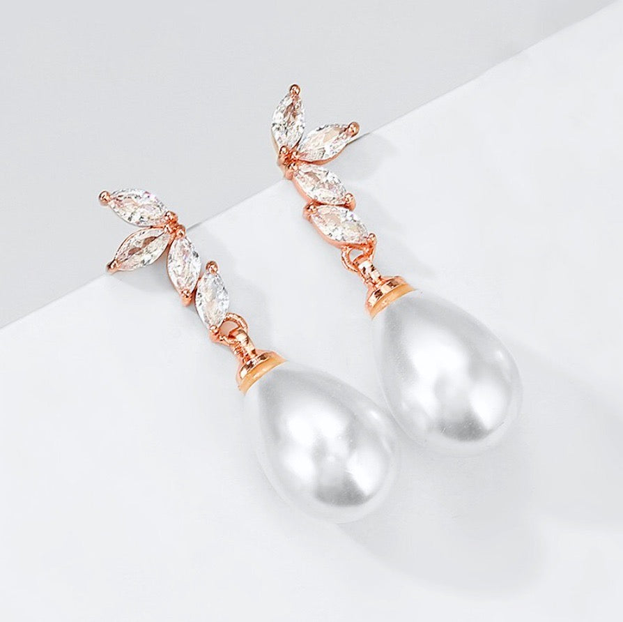 Pearl Wedding Jewelry - Pearl and Cubic Zirconia Bridal Earrings - Available in Rose Gold, Silver and Yellow Gold