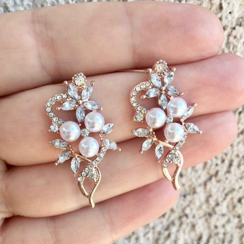 Wedding Jewelry - Pearl and Cubic Zirconia Bridal Earrings