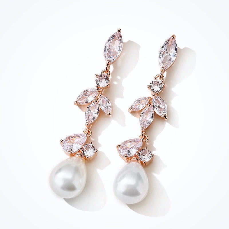 Wedding Jewelry - Pearl and Cubic Zirconia Bridal Earrings - Available in Rose Gold and Silver