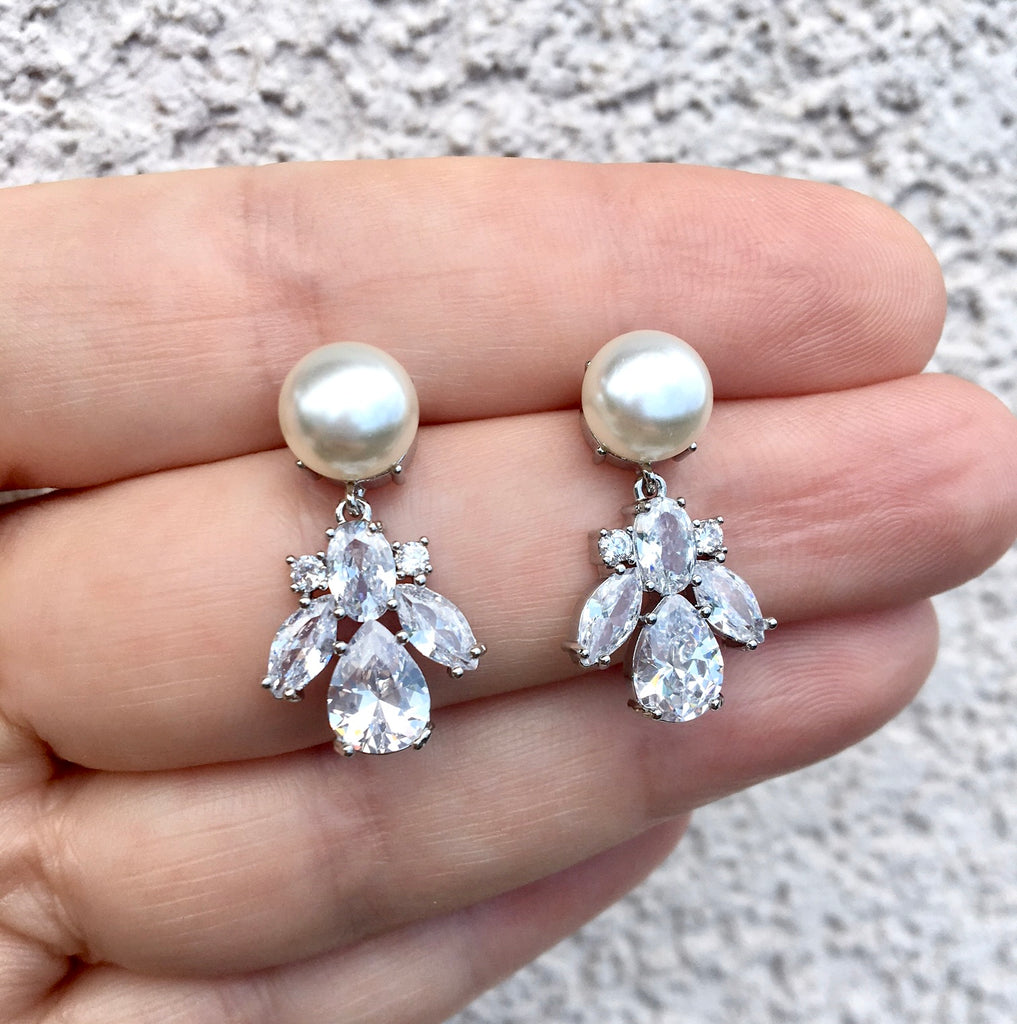 Wedding Jewelry - Pearl and Cubic Zirconia Bridal Earrings