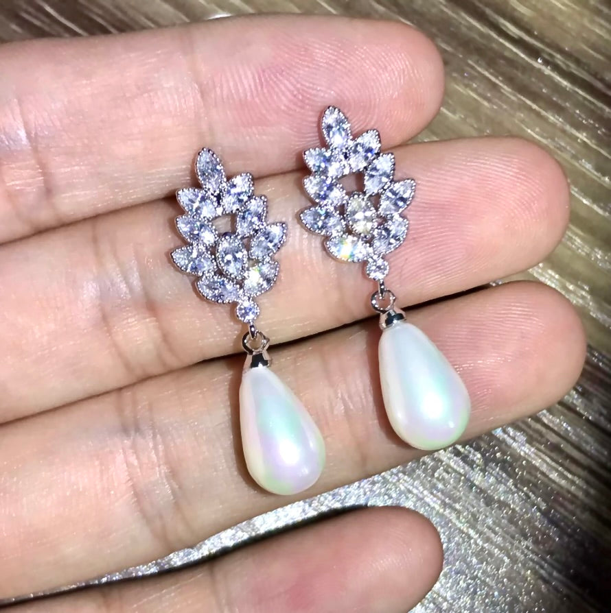 Pearl Wedding Jewelry - Pearl and Cubic Zirconia Bridal Earrings - Available in Gold, Silver and Rose Gold