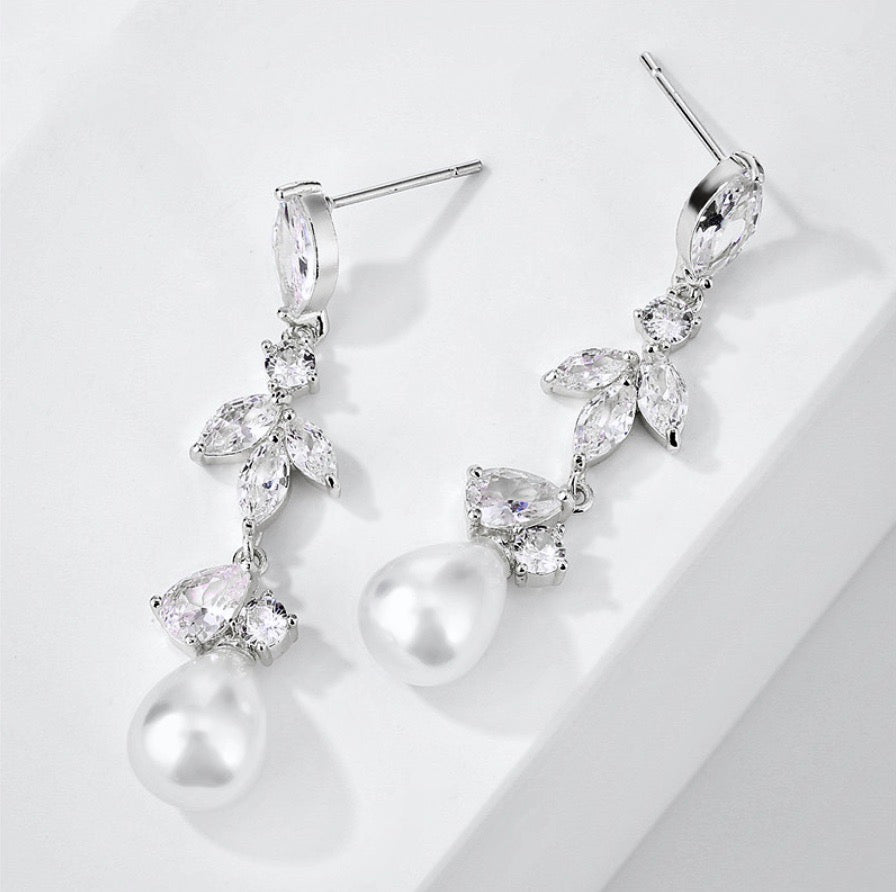 Wedding Jewelry - Pearl and Cubic Zirconia Bridal Earrings - Available in Rose Gold and Silver