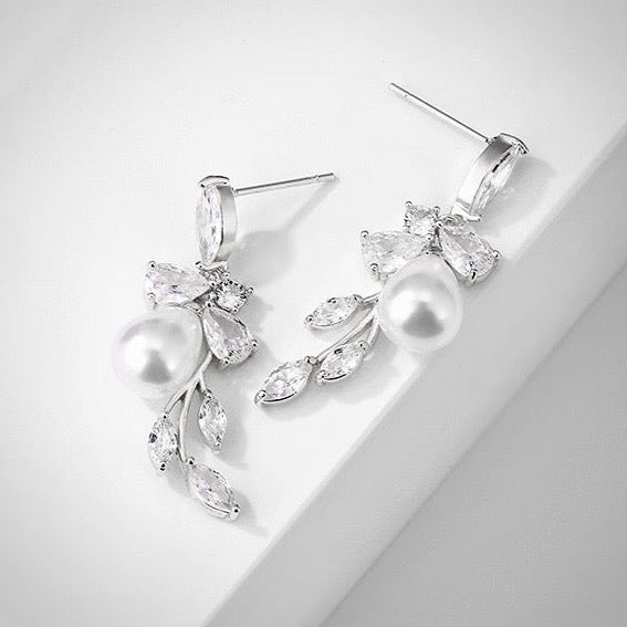 Wedding Jewelry - Pearl and Cubic Zirconia Bridal Earrings - Available in Rose Gold and Silver