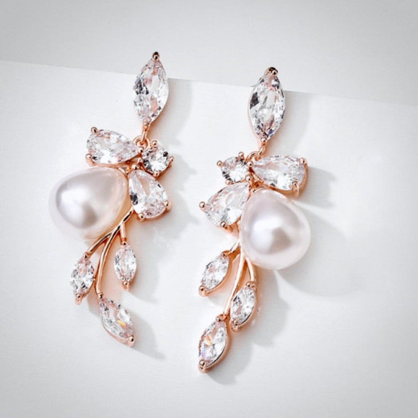 Wedding Jewelry - Pearl and Cubic Zirconia Bridal Earrings - Available in Rose Gold and Silver